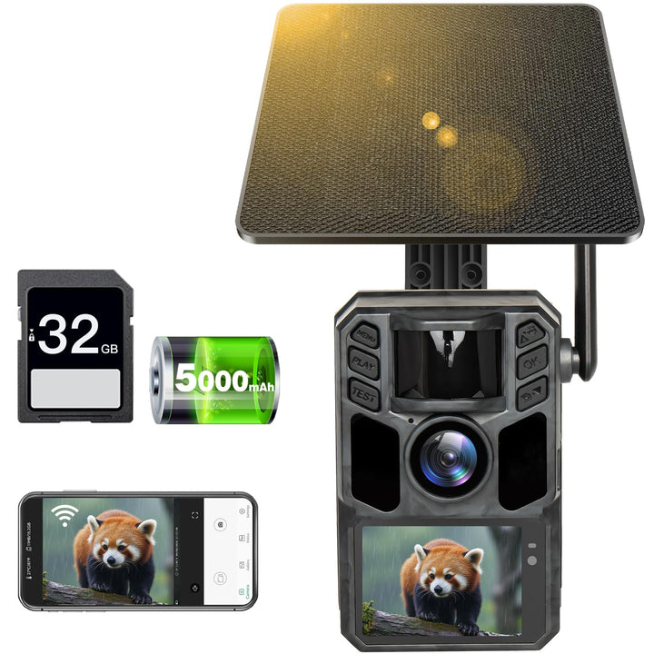 4K 64MP Wildkamera Solar WLAN mit Handyübertragung App, Eingebaute 5000mAh Lithium-Batterie, Wildkam