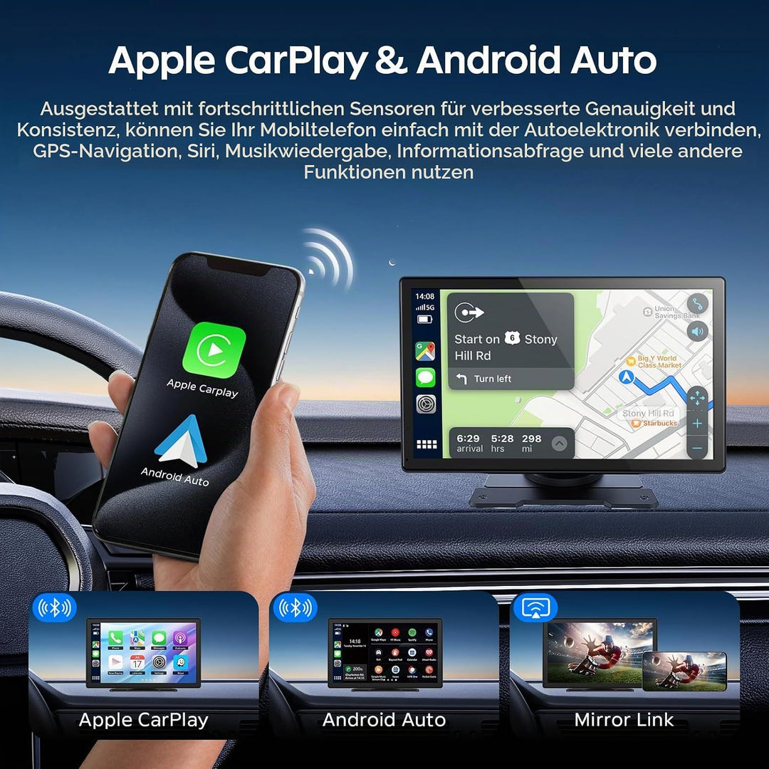 9" Wireless Tragbarers CarPlay Display für Apple Carplay &amp; Android Auto, mit 4K Dash Cam 1080P Rückf