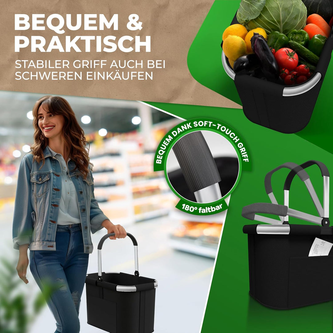 Cottara® 30L Einkaufskorb – stabiler Tragekorb mit Henkel, Schwarz Silber, Schwarz Silber