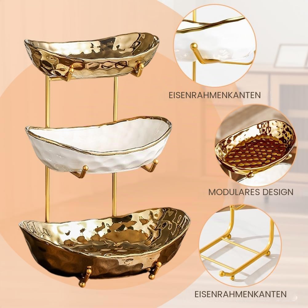 3-Schicht Obstschale Keramik mit Metallgestell, Obstschale Etagere, Elegante Etagere zum Servieren v