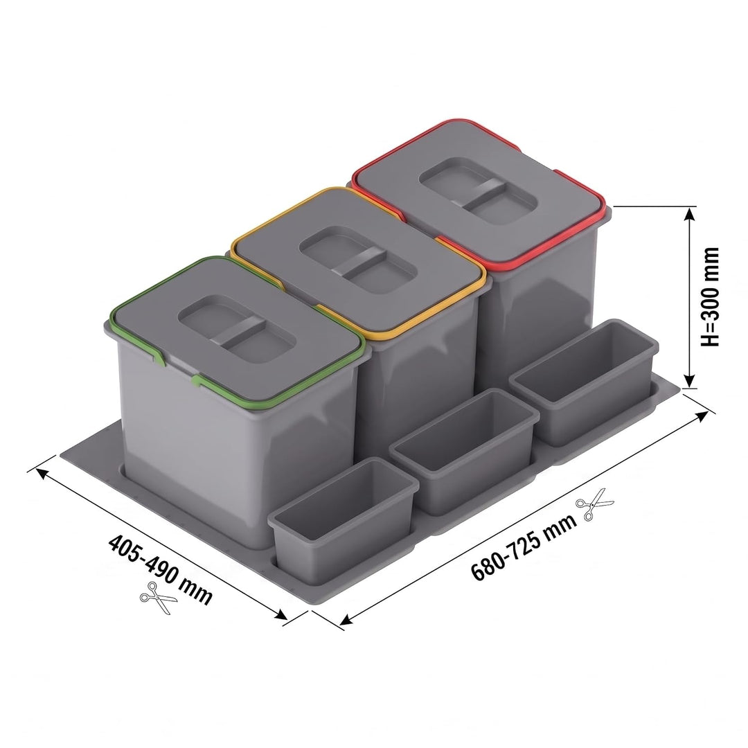 Mülltrennsystem Küche für 80 cm Schrank 3-fach 72,5x49x30 cm (3x 15L) mit Deckel Einbau Abfallsammle