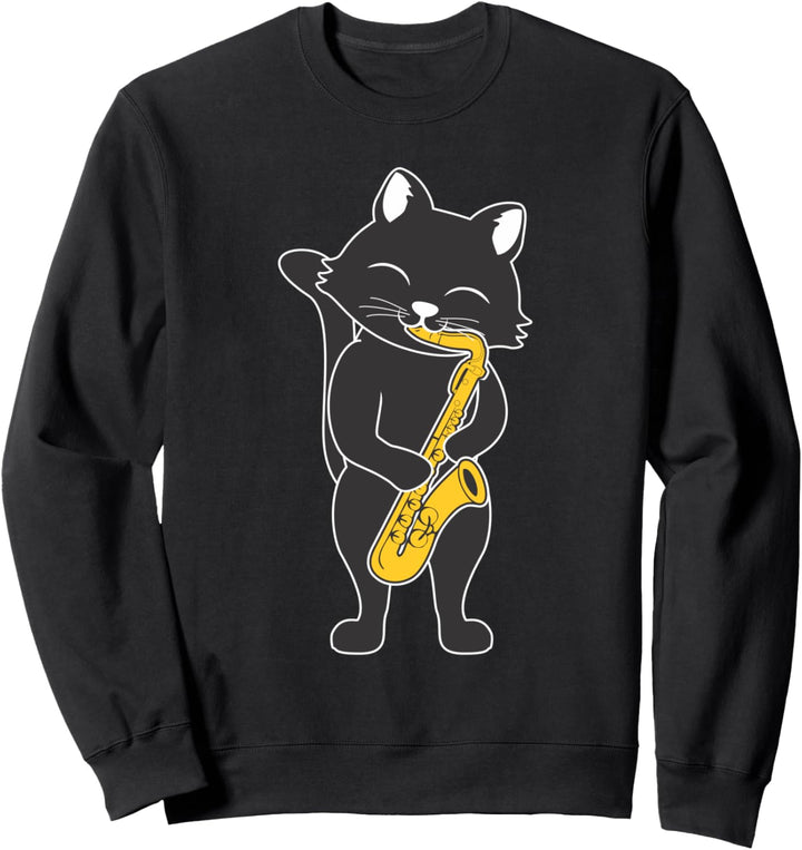 Schwarze Katze spielt einen Saxophon Lustiger Saxophonist Sweatshirt