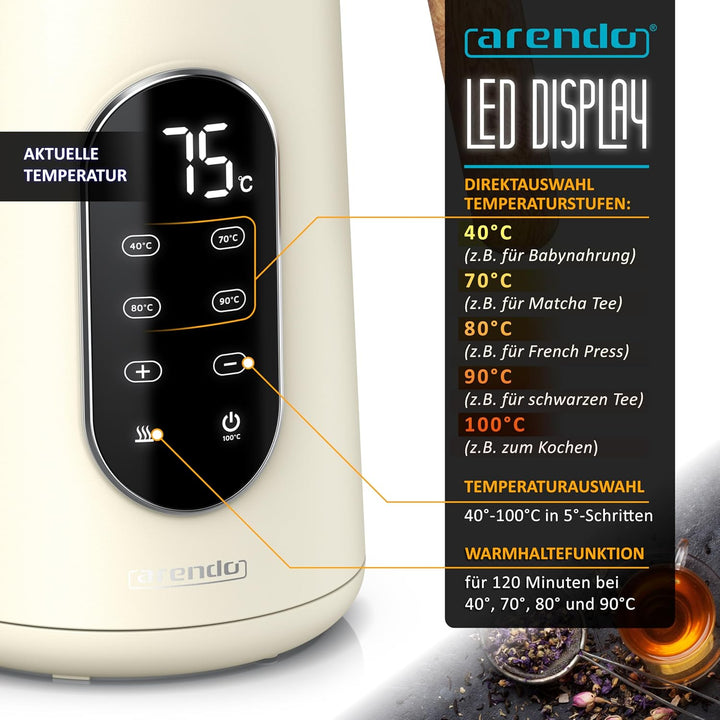 Arendo - Edelstahl Wasserkocher mit Temperatureinstellung 40-100°C - Doppelwand Design Cool Touch -