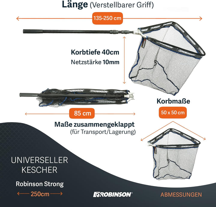Robinson Gummierter Kescher | Teleskop Unterfangkescher mit Alurahmen 2,5m, 2,5m