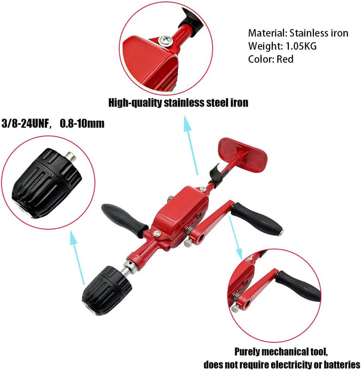 Doppelzahnrad-Handbohrer, Handbohrer, Spannfutter 0,8–10 mm, geeignet für Holz, Kunststoff und weich