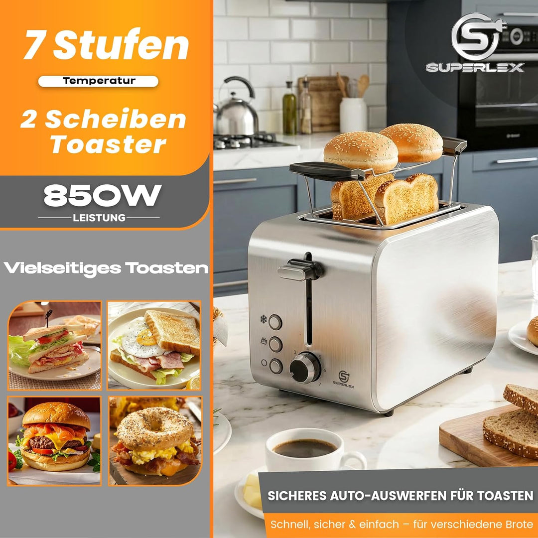 Toaster 2 Scheiben Doppelschlitz Edelstahl 850W Kompakt Frühstück