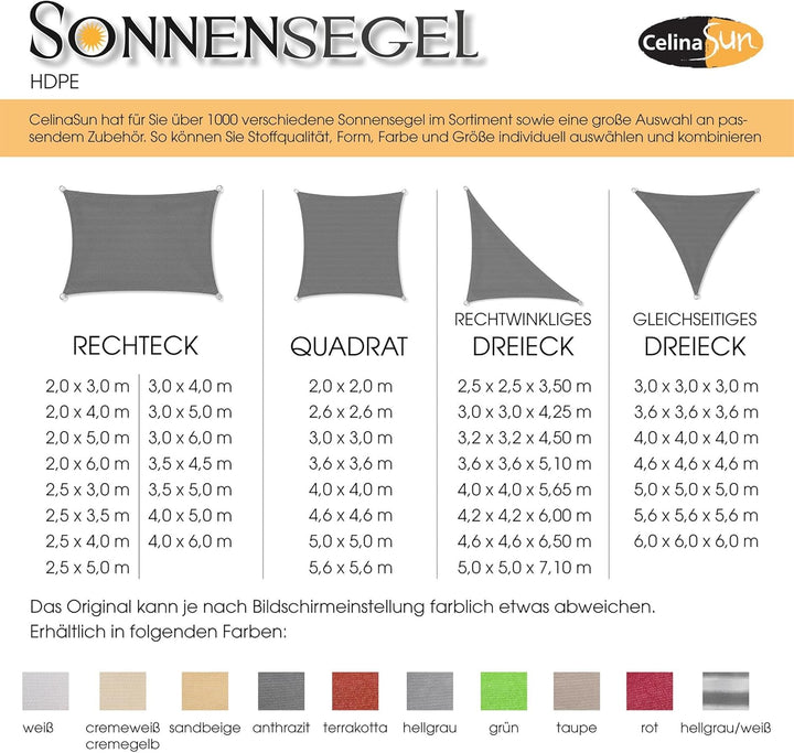 CelinaSun Sonnensegel inkl Befestigungsseile Premium HDPE wetterbeständig atmungsaktiv Quadrat 2 x 2