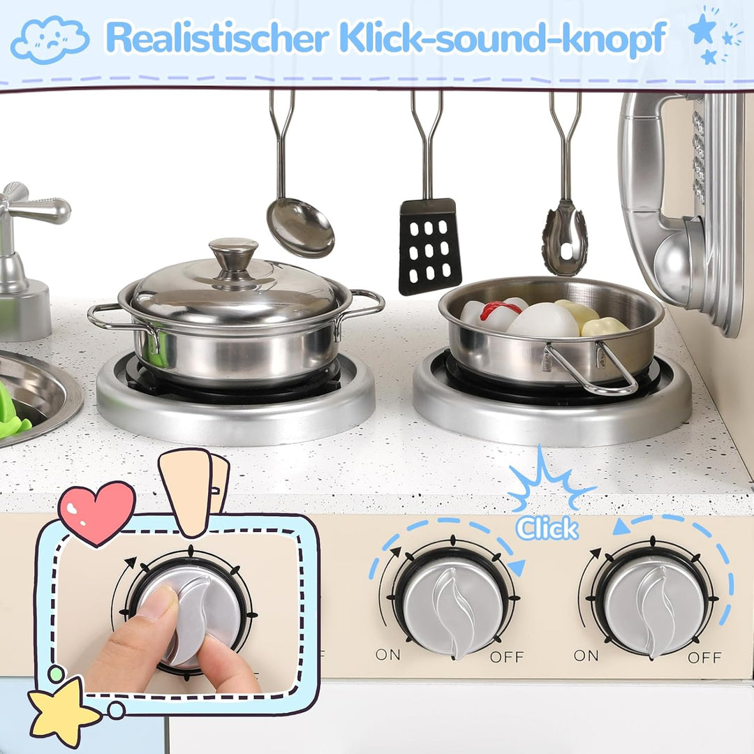 MAMIZO Spielküche mit Licht und Sound, Kinderküche Holz, Puppenküche mit Herd, Eismaschine, Telefon,