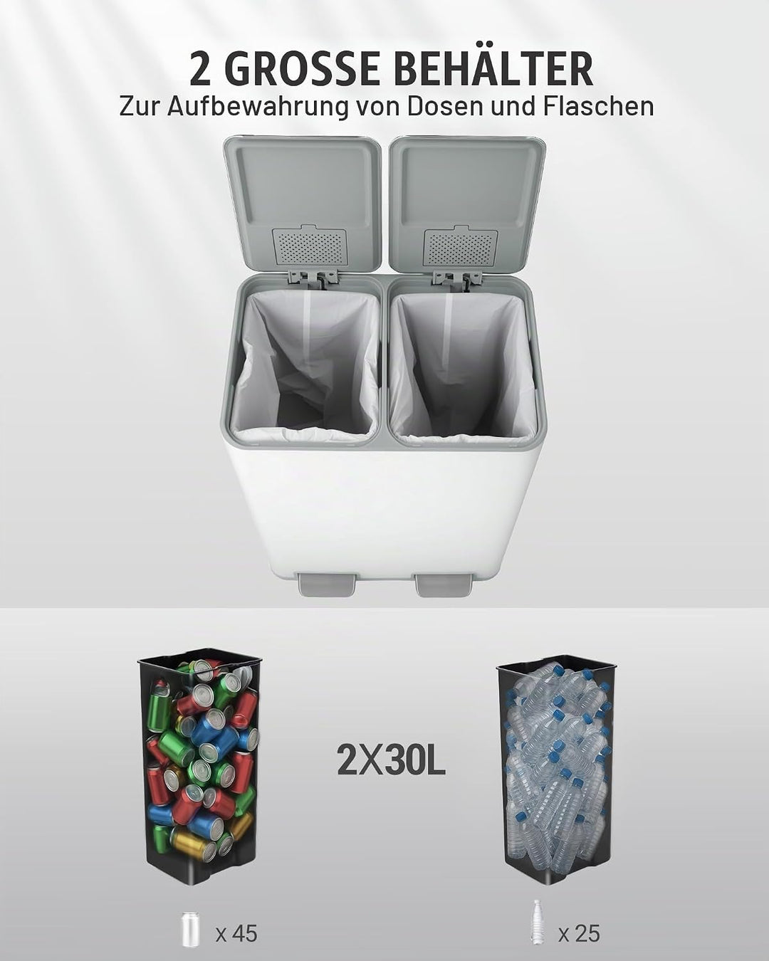 Hzuaneri Mülleimer Küche, Mülltrennsystem 2 Fächer 60 L (2 x 30 L), Edelstahl-küchenmülleimer, Tretm