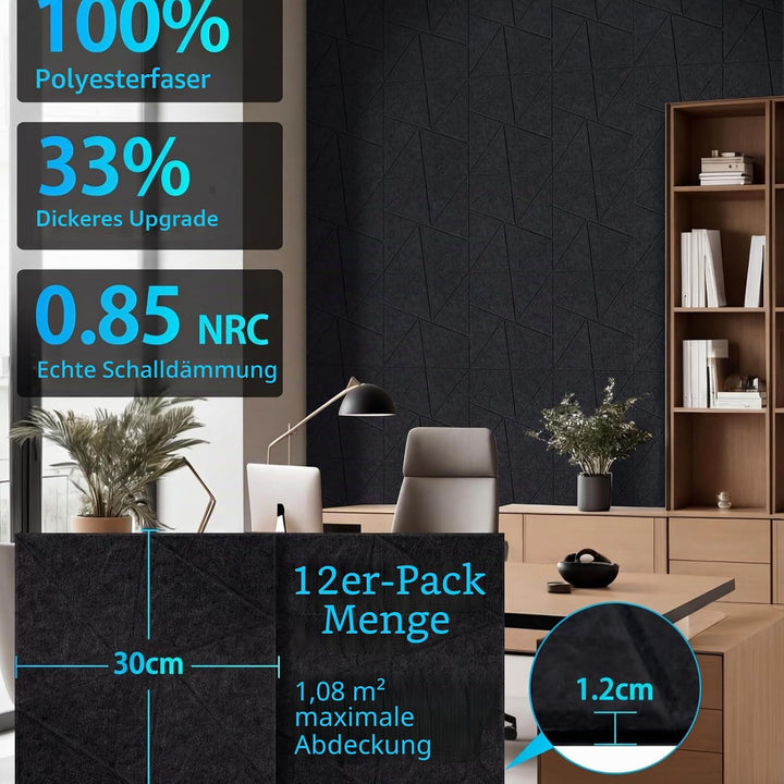 Akustikplatten Selbstklebend 12 Stück, 30x30x1.2cm Rechteckige Akustikpaneele Schwarz, Schallabsorbe