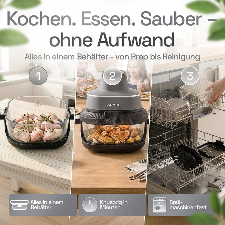 Airfryer Glas mit Glasbehälter, Temperatur einstellbar 60–200°C Graphitgrau 4l + 1,5l, Graphitgrau 4