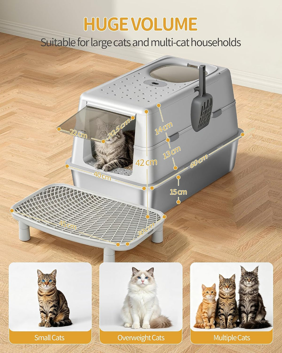 Hzuaneri Edelstahl Katzenklo XXL mit Deckel, Doppeltür, 60 × 40 × 42 cm, Geschlossenes Katzentoilett