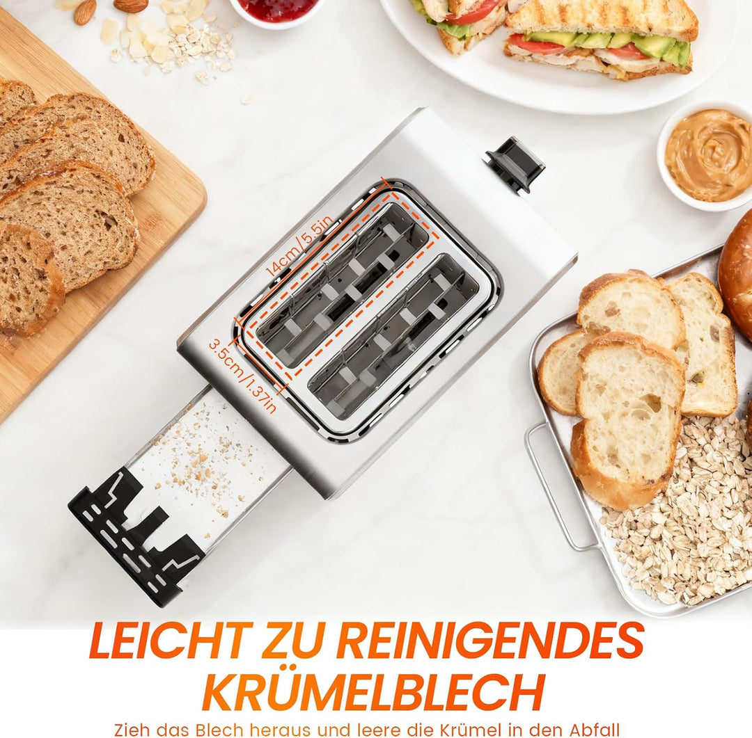 Toaster 2 Scheiben Doppelschlitz Edelstahl 850W Kompakt Frühstück
