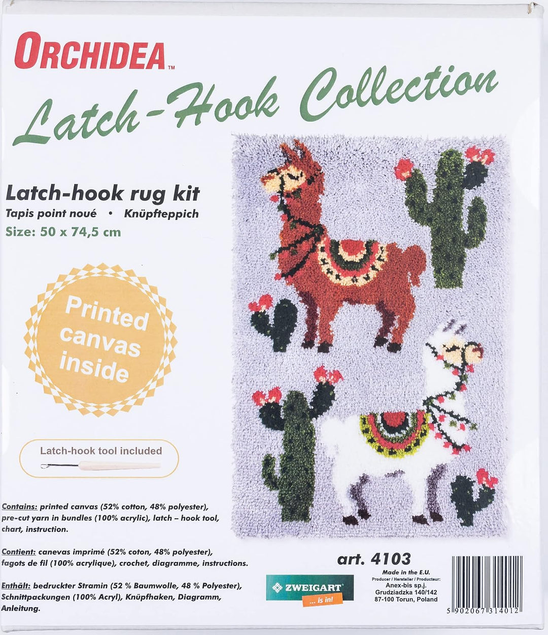Orchidea - Knüpfteppich mit Knüpfhaken - Alpakas - Bedruckte Stramin - 4.5 Count - Für Erwachsene -