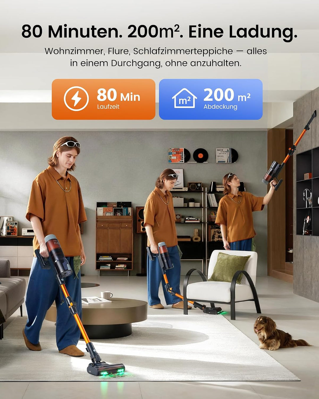 FAMIVAC Akku Staubsauger Kabellos 70kPa/80Min mit Ladestation &amp; Knickrohr