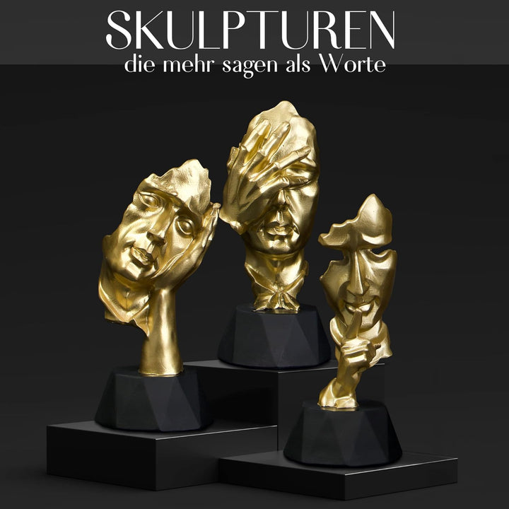 Denker Statue 3er Set – abstrakte Kunst Skulpturen in Gold Schwarz, Gold