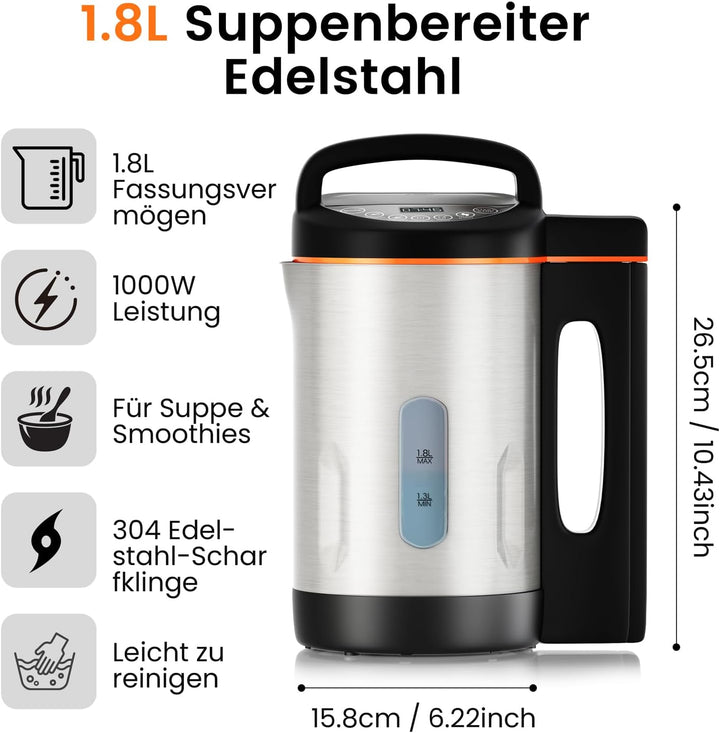 Suppenbereiter 1,6L Edelstahl 1000W Elektrischer Suppenkocher mit 4 Programmen Timer Warmhaltefunkti