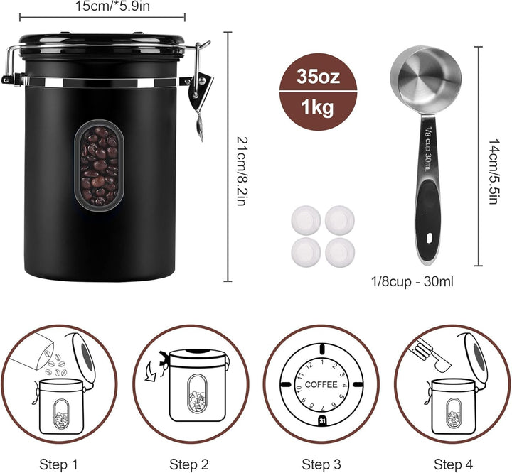 ROCKY&amp;CHAO Kaffeedose Luftdicht aus Edelstahl 2,8L Kaffeebhnen Behälter Vorratsdose für Tee Nüsse Ka