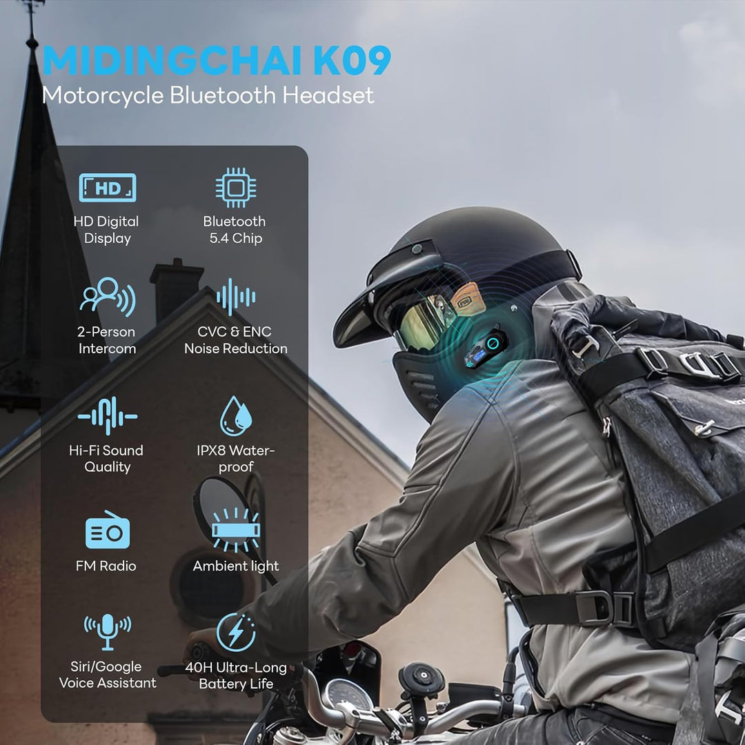K09 Motorrad Headset, Motorradhelm Bluetooth 5.4, Helm Kopfhörer Gegensprechanlage in Reichweite 500