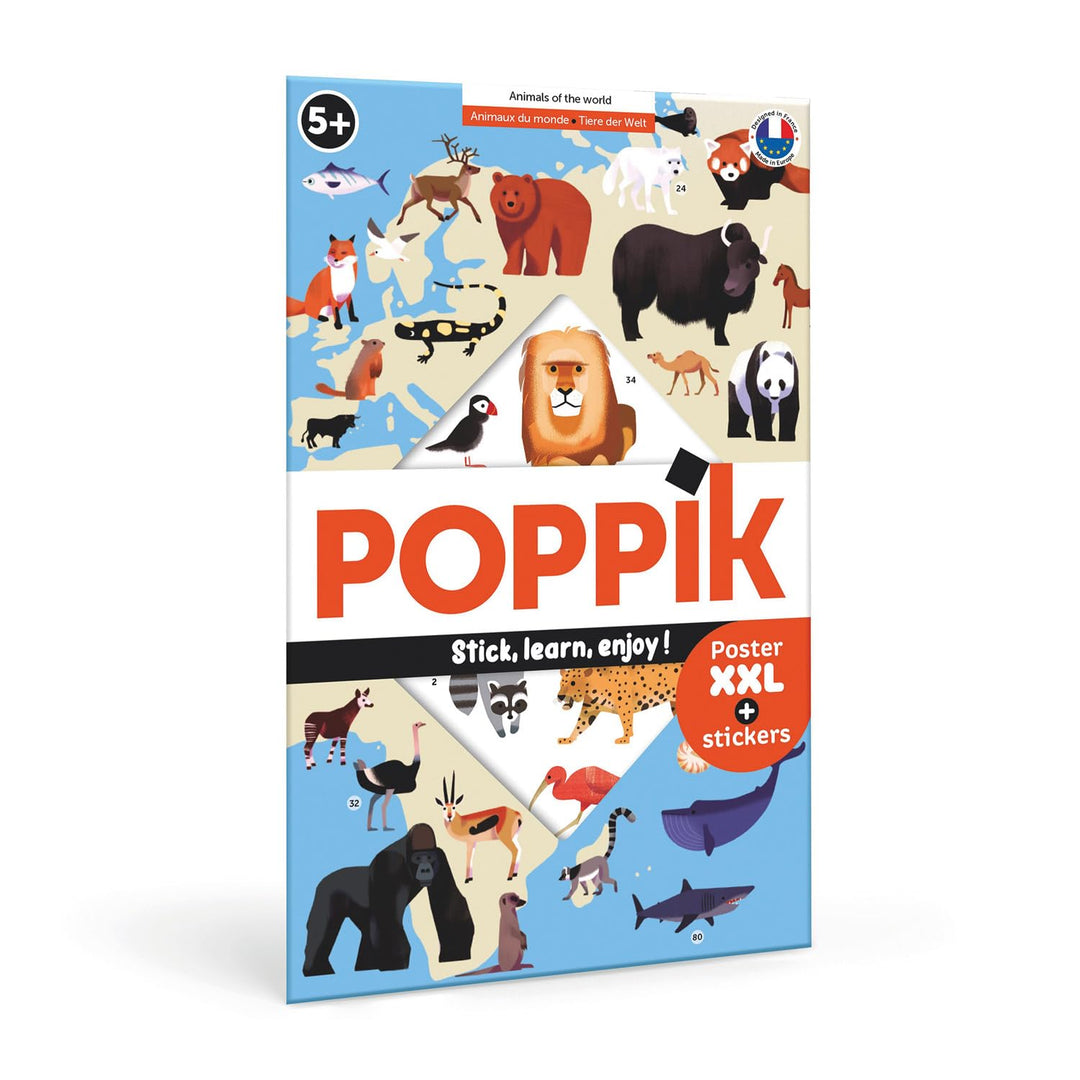 POPPIK 1841051 Sticker-Poster, Tiere der Welt, interaktives Lernposter mit Aufklebern, mehrsprachige