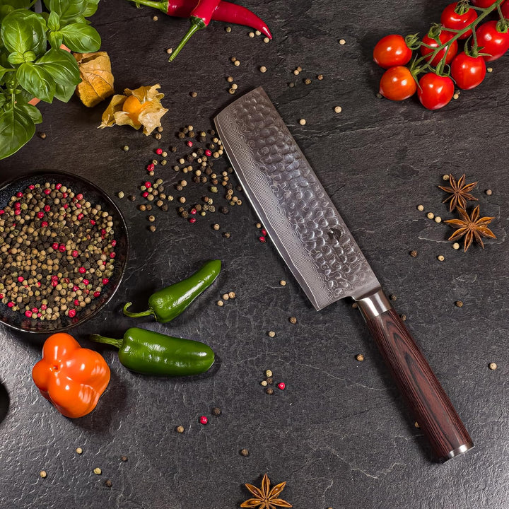 SATOMI® Nakiri Messer mit 18 cm Klinge gefertigt aus 67 Lagen Damaststahl traditionell Japanischer S