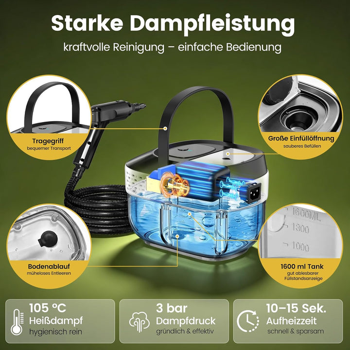Mixoo Dampfreiniger Handgerät 1600 ml (Schwarz&amp;Weiss), Schwarz&amp;weiss