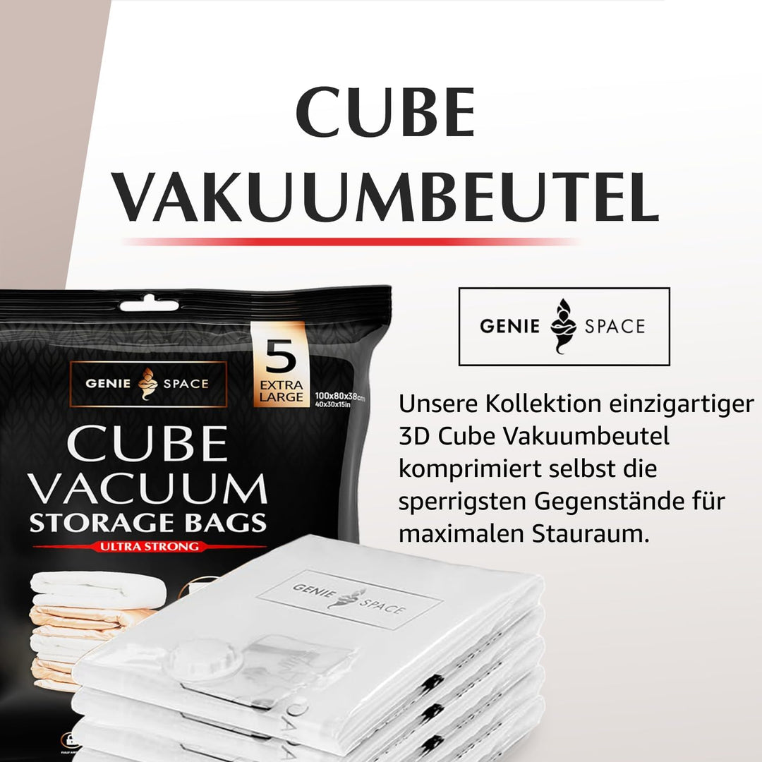 GENIE SPACE Vakuumbeutel - 5er Pack, Extra Gross, 100x80x38cm | Platzsparende Packwürfel | Luftdicht