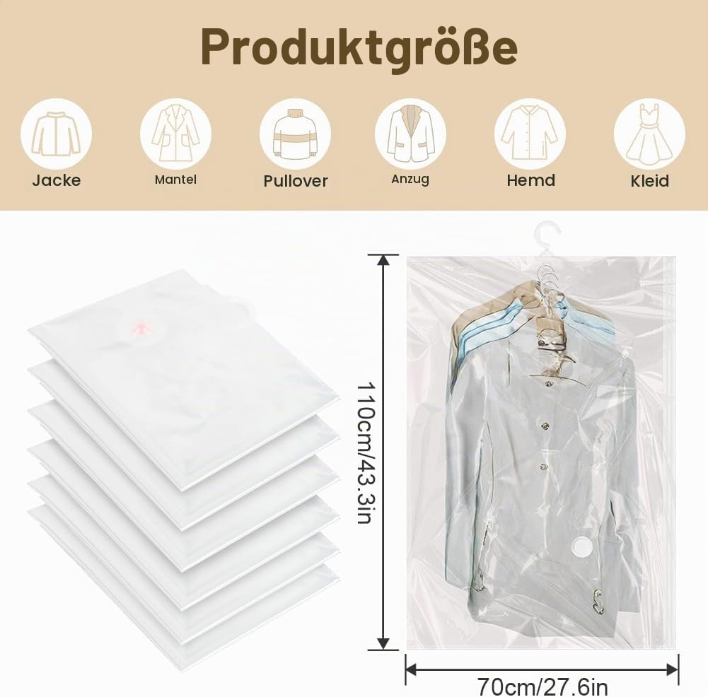 Flintronic Vakuumbeutel für Kleidung, 6 Stück Vakuumbeutel zum Aufhängen, Vakuumbeutel für Kleidung,