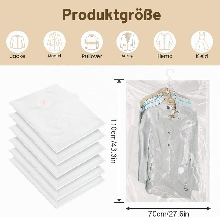 Flintronic Vakuumbeutel für Kleidung, 6 Stück Vakuumbeutel zum Aufhängen, Vakuumbeutel für Kleidung,