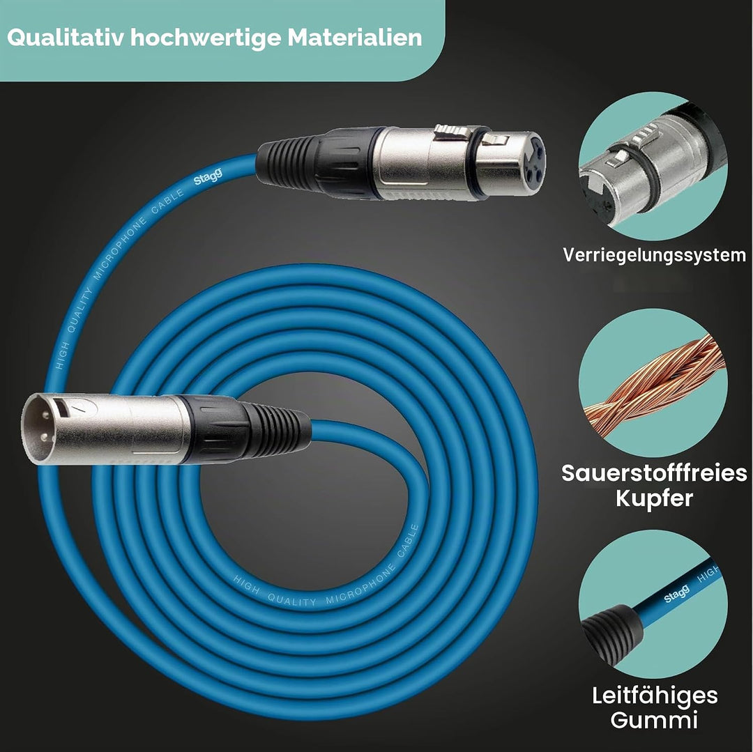 Stagg 10 m Hochwertiges XLR auf XLR-Stecker Mikrofon Kabel blau, 10m Blue 10m XLRf to XLRm, Blue 10m
