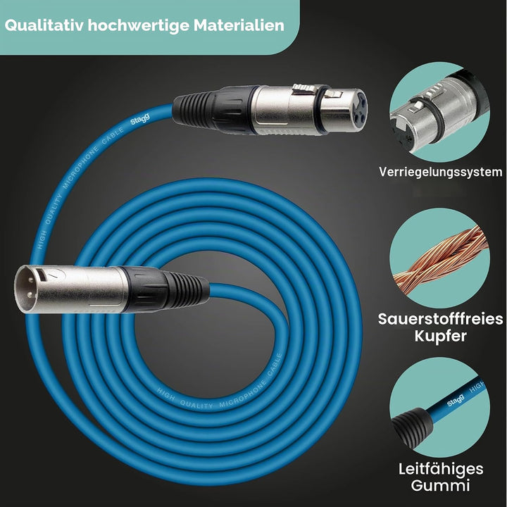 Stagg 10 m Hochwertiges XLR auf XLR-Stecker Mikrofon Kabel blau, 10m Blue 10m XLRf to XLRm, Blue 10m