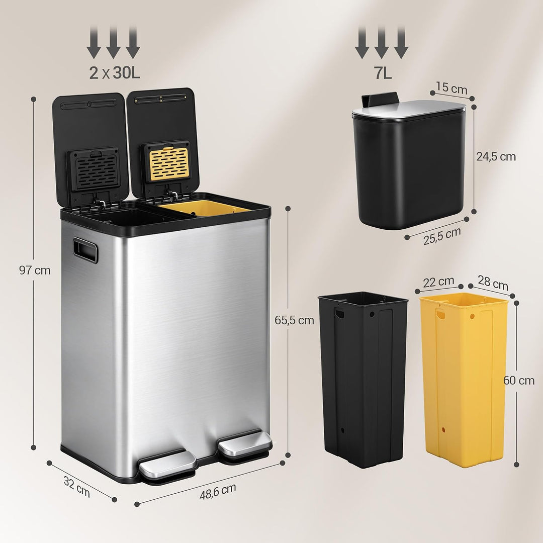 Hzuaneri Mülleimer Küche, 2 x 30 L+7 L, Mülltrennsystem 2 Fächer mit 7 L Komposteimer, Abfalleimer m