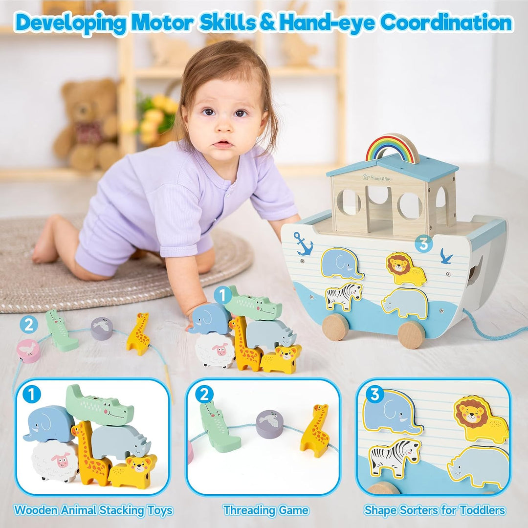 SIMPLIPLAY Holzspielzeug Arche Noah mit Geschichtenbuch Blau Arche Noah, Blau Arche Noah