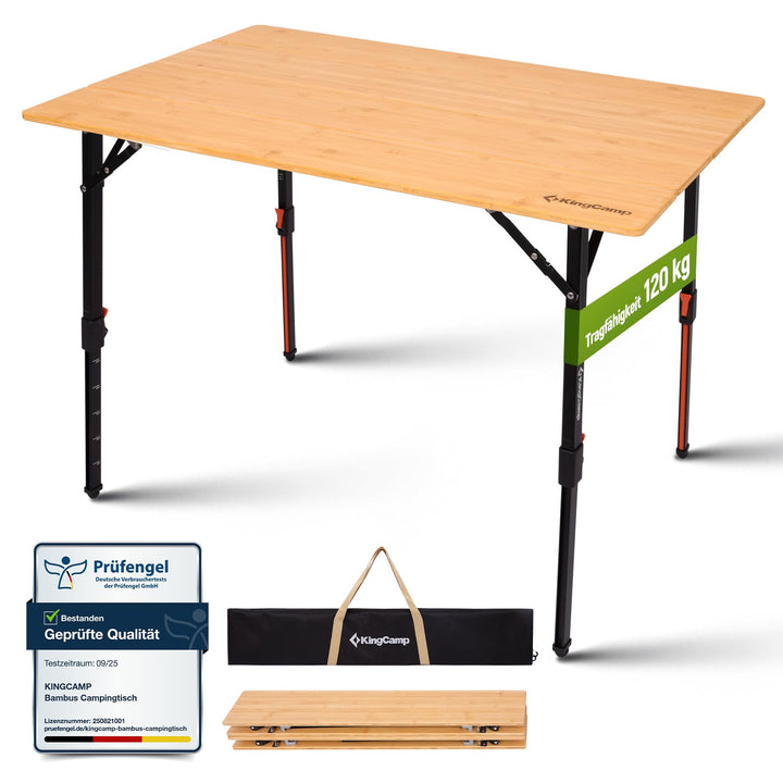 KingCamp Campingtisch Klappbar aus natürlichem Bambus, Höhenverstellbar (42-70cm), 120kg Belastbarke