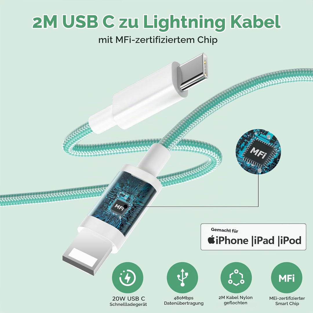 20W USB C Schnellladegerät mit 2M Lighting Ladekabel für iPhone 14/13 2Pack Rosa+Grün, Rosa+Grün