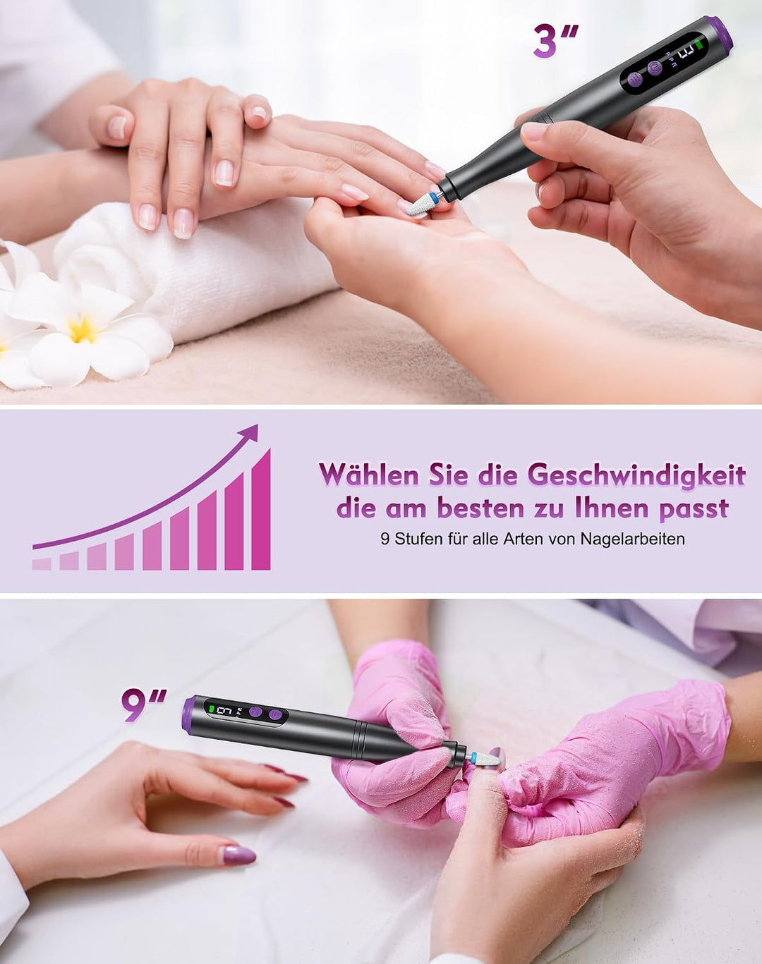 Nagelfräser Kabellos, 12 in 1 Elektrische Nagelfeile 9 Verstellbare Geschwindigkeit Fräser für Gelnä