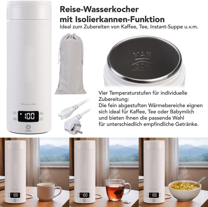 Rosenstein &amp; Söhne Edelstahl Wasserkocher: Reise-Wasserkocher &amp; Isolierkanne, 300 W, 500 ml, 4 Tempe
