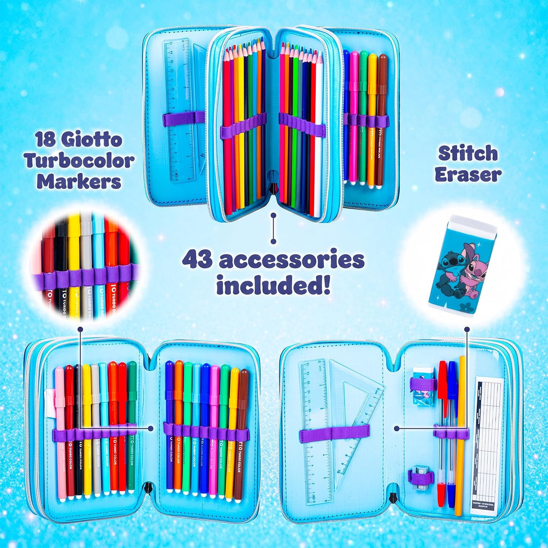 Stitch &amp; Angel 3D-Glitzer-Etui (2026–2027) mit 3 Reissverschlüssen – Luxuriöses Mäppchen mit 3 Fäche