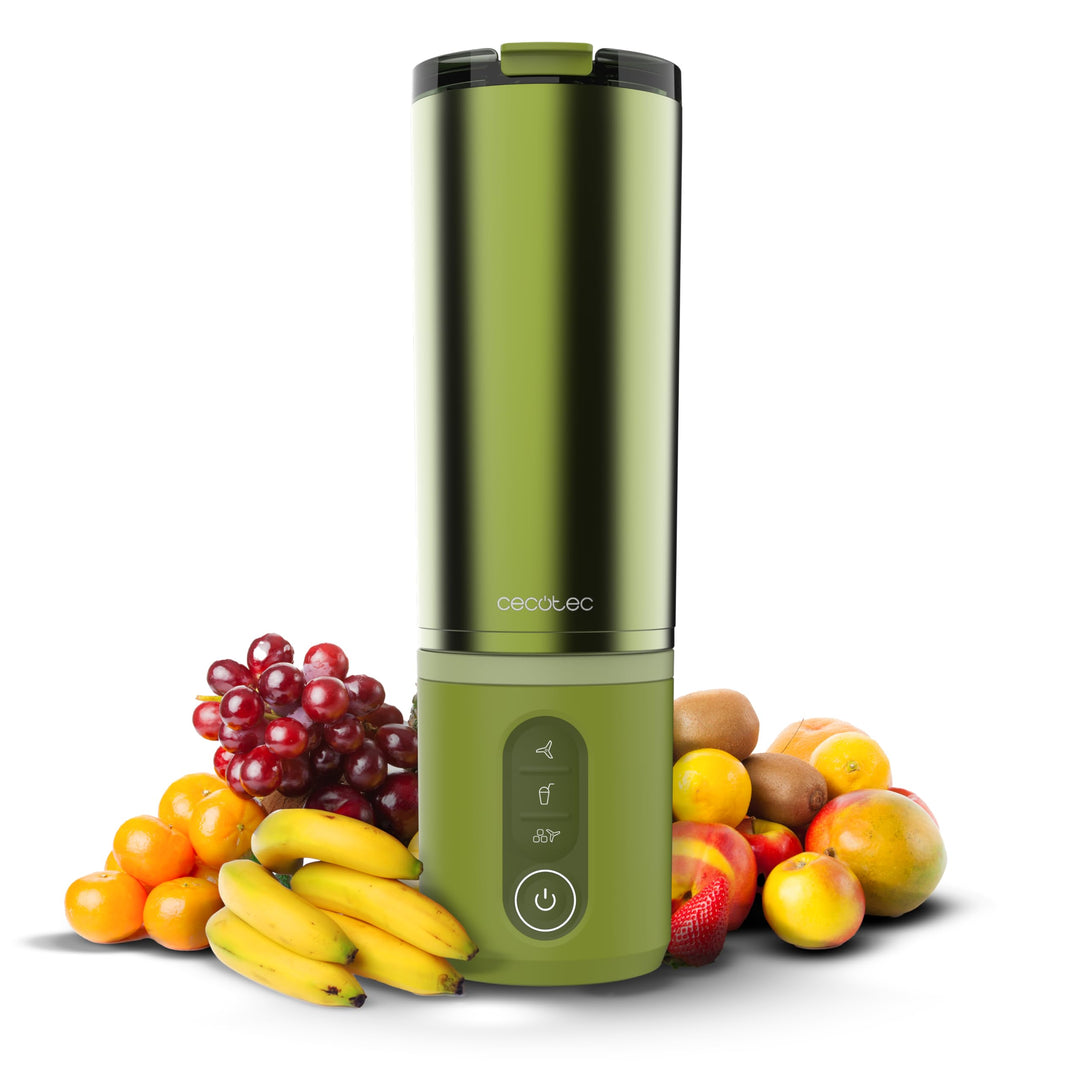 Cecotec Tragbarer Smoothie Maker Power Titanium Shake2Go Olive Steel. 180 W, 600 ml Metallbecher BPA