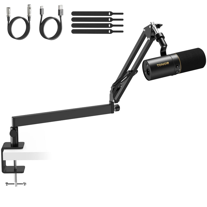 TONOR Dynamisches Microphone mit XLR/USB Kabel für Podcast, TD510+LP Black TD510 mit Tiefarm Set, Bl