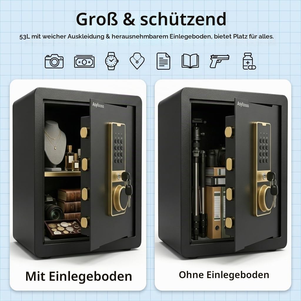 53L Digitaler Einbruchschutztresor mit 3-Wege-Schloss | Stahlbau, herausnehmbares Regal, Dual-Alarm,