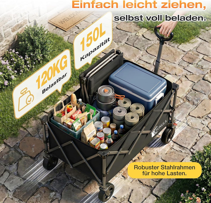 SUNULA Bollerwagen Faltbar 150L 120KG, Handwagen Geländegängig mit Bremsen Schwarz 150 L, Schwarz 15