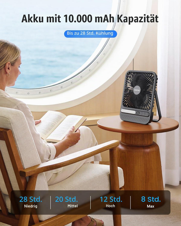 10000mAh USB Ventilator, Ultraflach Tragbarer Tischventilator, Akku Camping Ventilator mit LED-Licht