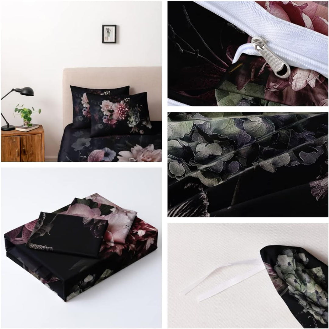Luowei Bettwäsche 135x200 Schwarz Blumen Vintage Aesthetic Artistisch mit 80x80 Reissverschluss Kiss