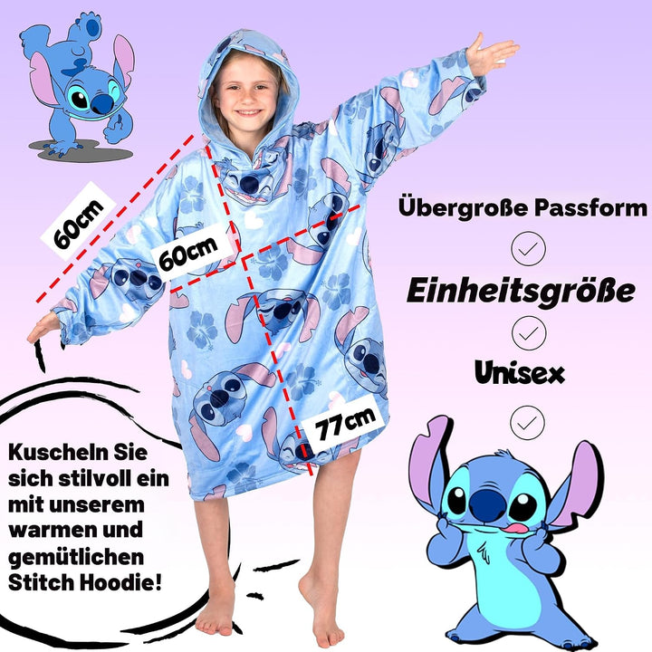 Disney Stitch Oodie – Übergrosse, wendbare Kapuzenpullover-Decke für Kinder, superweicher, doppelsei