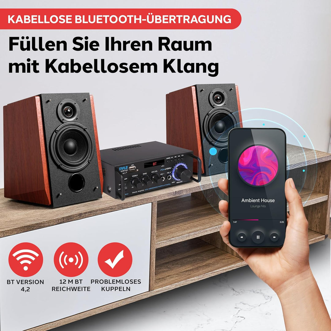 Pyle Bluetooth Verstärker, 200W – 2 Kanal Amplifier mit USB/SD/FM, Mikrofon &amp; RCA, HiFi-Verstärker m