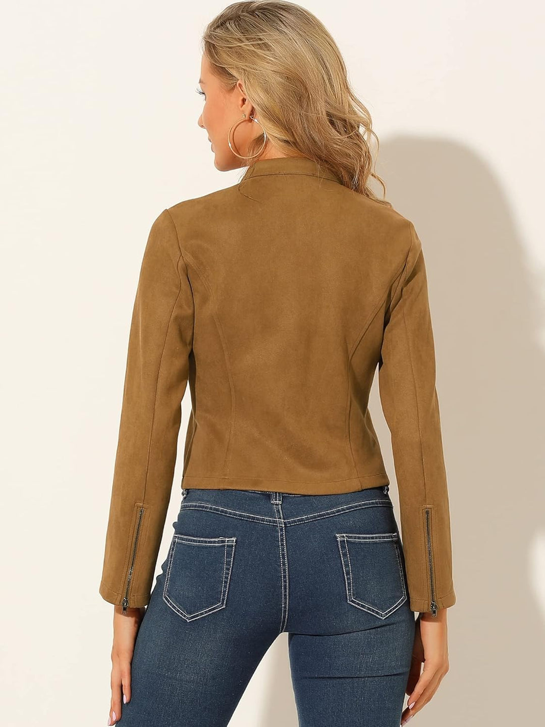 Allegra K Damen Faux Wildleder Jacke Stehkragen Reissverschluss Kurze Bikerjacke S Braun, S Braun