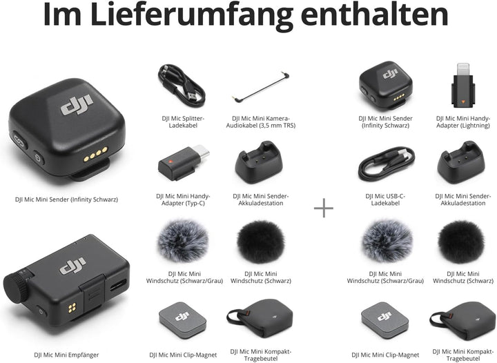 DJI Mic Mini (2 Sender + 1 Empfänger + Lightning-Adapter) für iPhone, Android &amp; Kameras, Ultraleicht