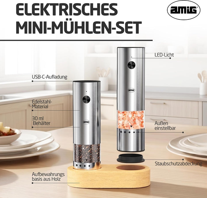 Amig Set von wiederaufladbaren USB-C Salz- und Pfeffermühlen Mini, Mini