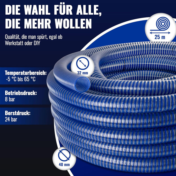 Poppstar PVC Saugschlauch 1 1/4 Zoll Spiralschlauch (25m Wasserschlauch mit ID 32mm / AD 40mm, bis 8